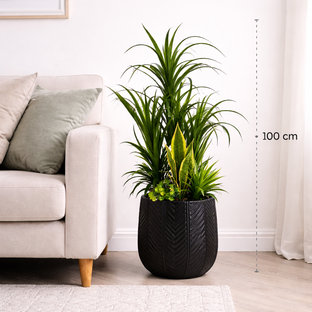 Faux Yucca Plant in Matte Black Pot - 100cm
