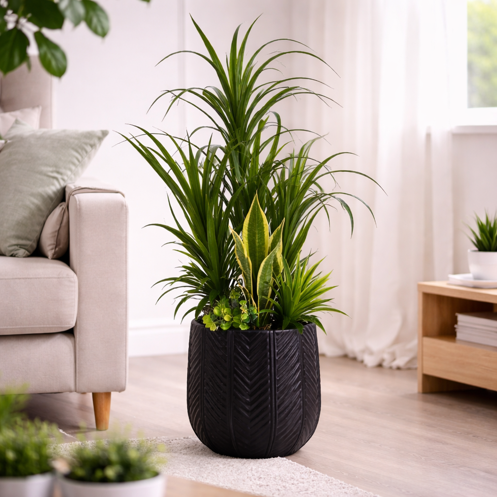 Faux Yucca Plant in Matte Black Pot - 100cm