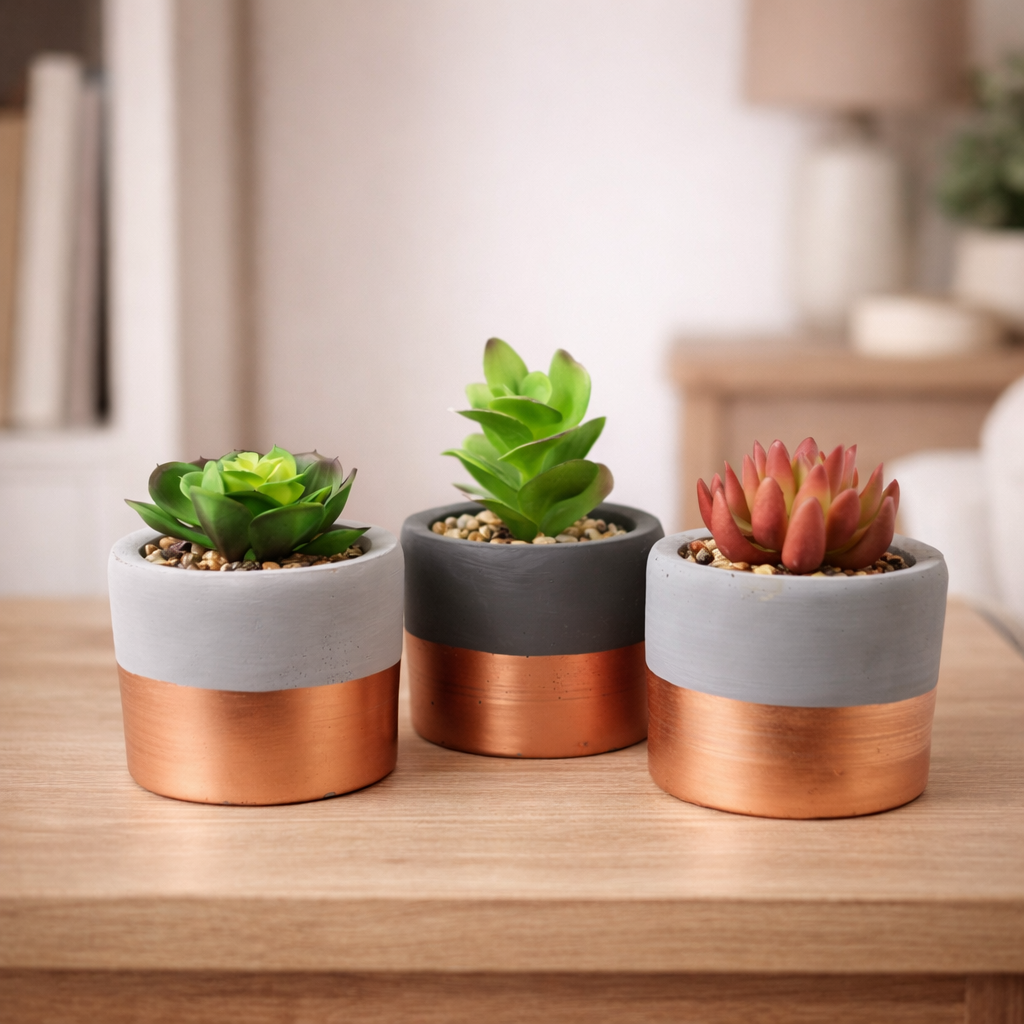 Faux Succulent Trio in Stoneware Planters - 14cm